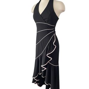 Niki Lavis Black Asymmetrical Halter Dress with Pink Trim
